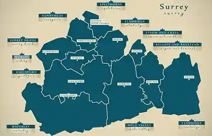 Graphic map of the County of Surrey in the UK